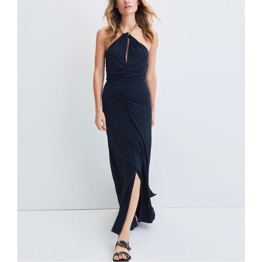 Veronica Beard Navy Halter Maxi Dress with Gold Chain